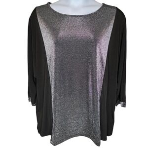 Susan Graver Womens Black Silver Glitter Top Sz 3X‎ Sparkle Dolman Sleeves Flowy